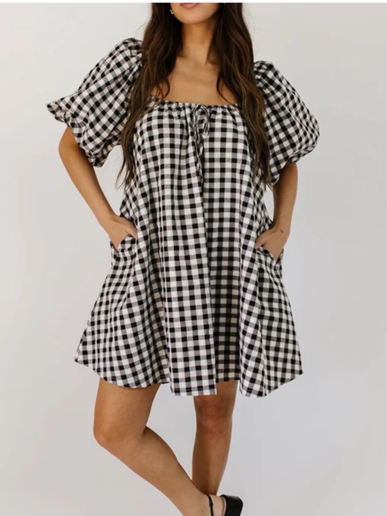 Black & White Gingham Mini Dress With Puff Sleeves